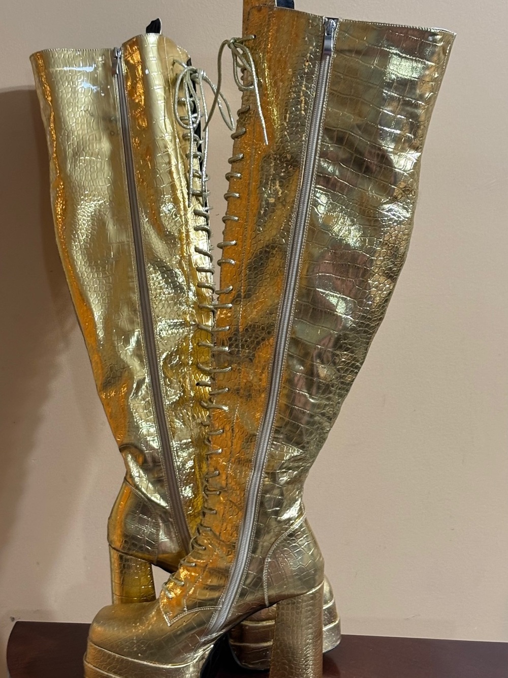 Gold Lace-Up Platform Knee-High Boots - Women's